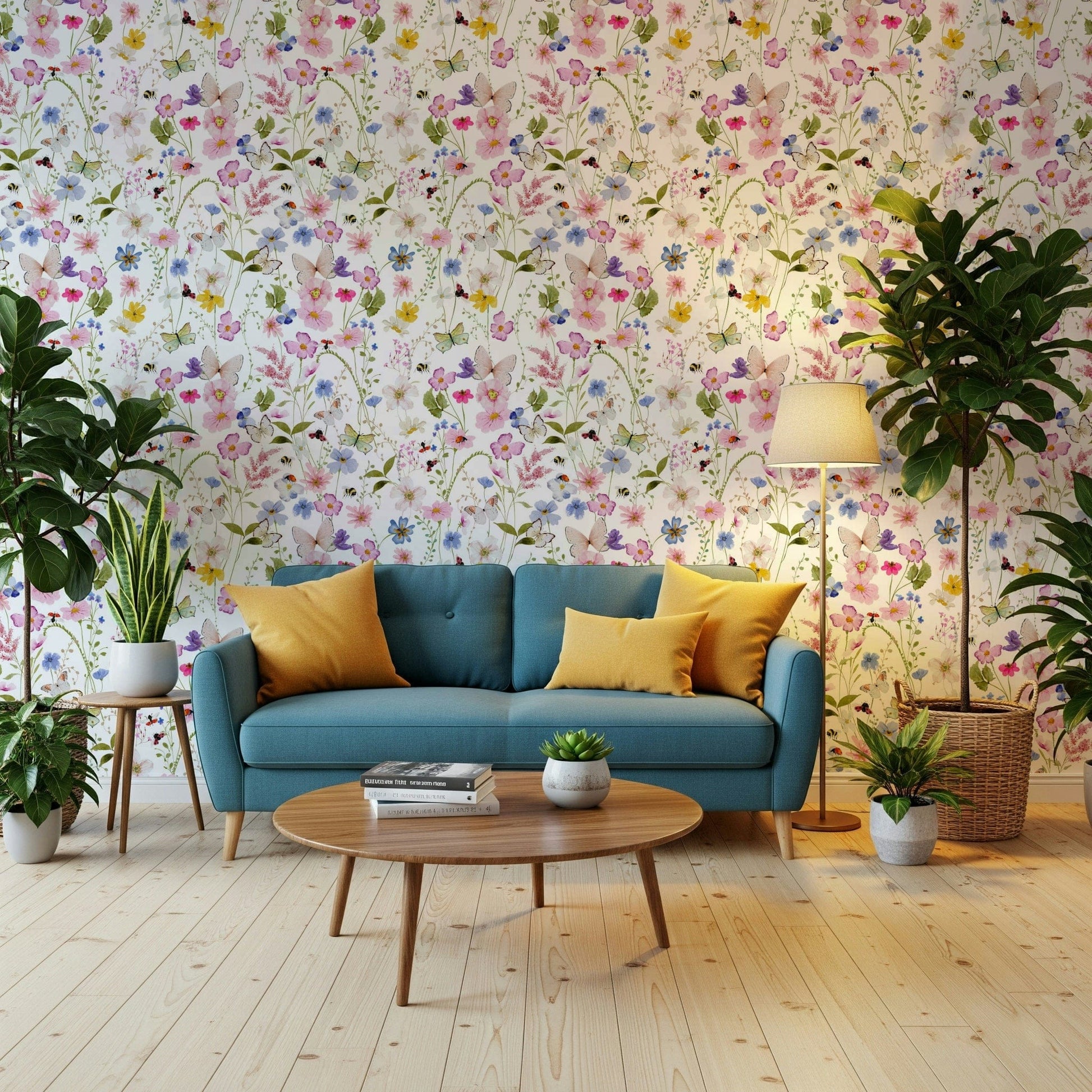Elegant Meadow Whispers wall décor, blooming stems, buzzing insects on white.