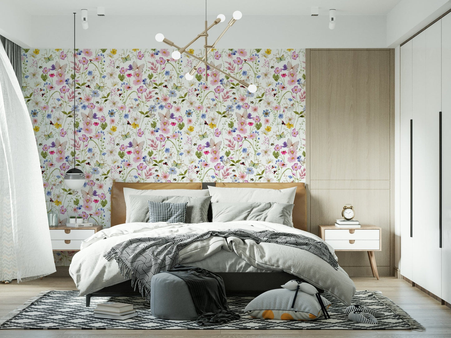 Enchanting Meadow Whispers print, soft wildflowers, delightful wildlife on mural.