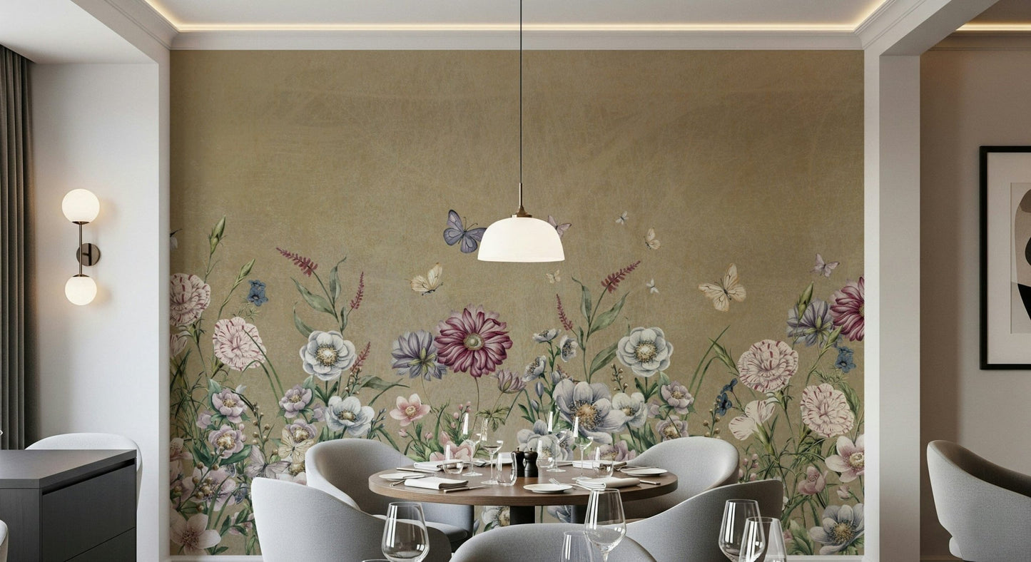 Watercolor meadow wallpaper in home office, calm pastel greens with simple desk setup