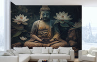 Meditative Buddha and Lotus Flowers Mural - Giffywalls