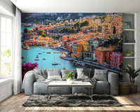 Peel and stick mural of Mediterranean village and ocean

