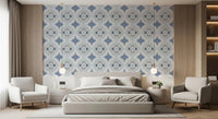 Mediterranean indigo fleur tile wallpaper in a bright bedroom.