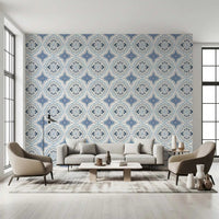 Symmetrical floral pattern on an indigo fleur tile wallpaper.