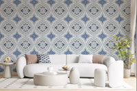 Indigo fleur tile for a living room wallpaper with repeating geometric floral shapes.