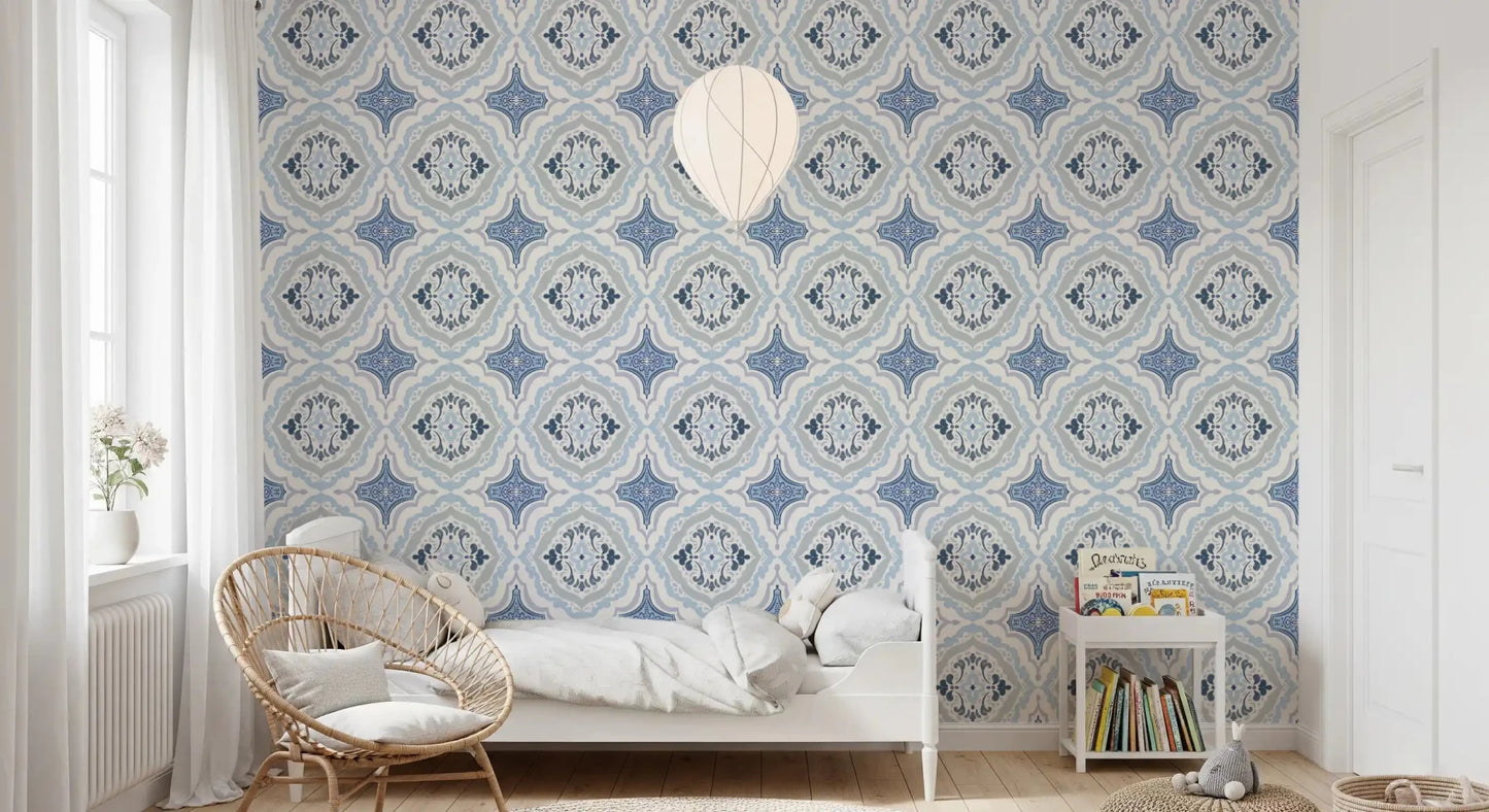 Elegant blue and white indigo fleur tile wallpaper for an office.