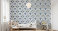 Elegant blue and white indigo fleur tile wallpaper for an office.