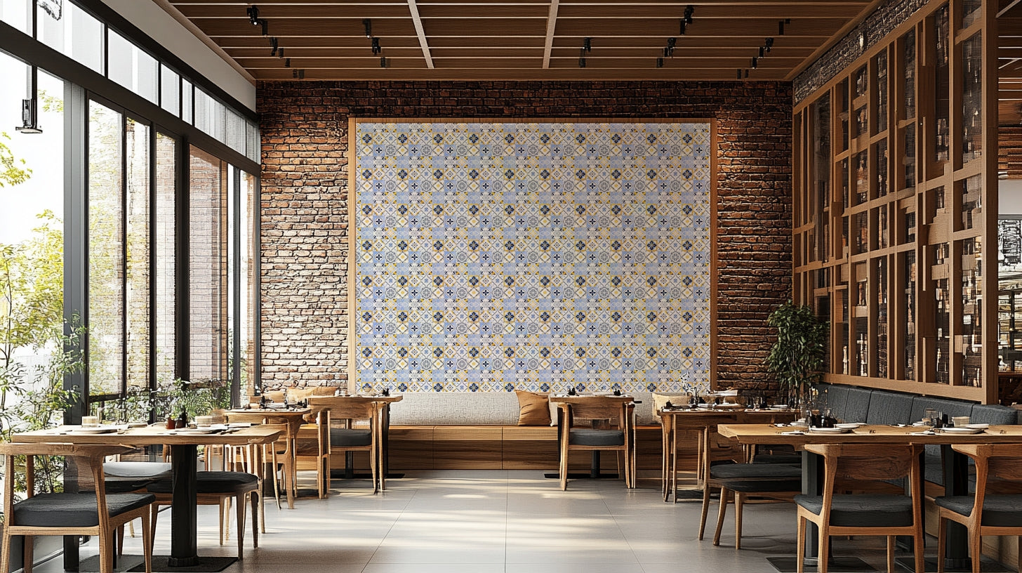 Bold patterned Mediterranean tile wallpaper

