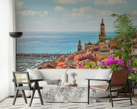Oceanfront Mediterranean Village wallpaper for walls aesthetic decor.
