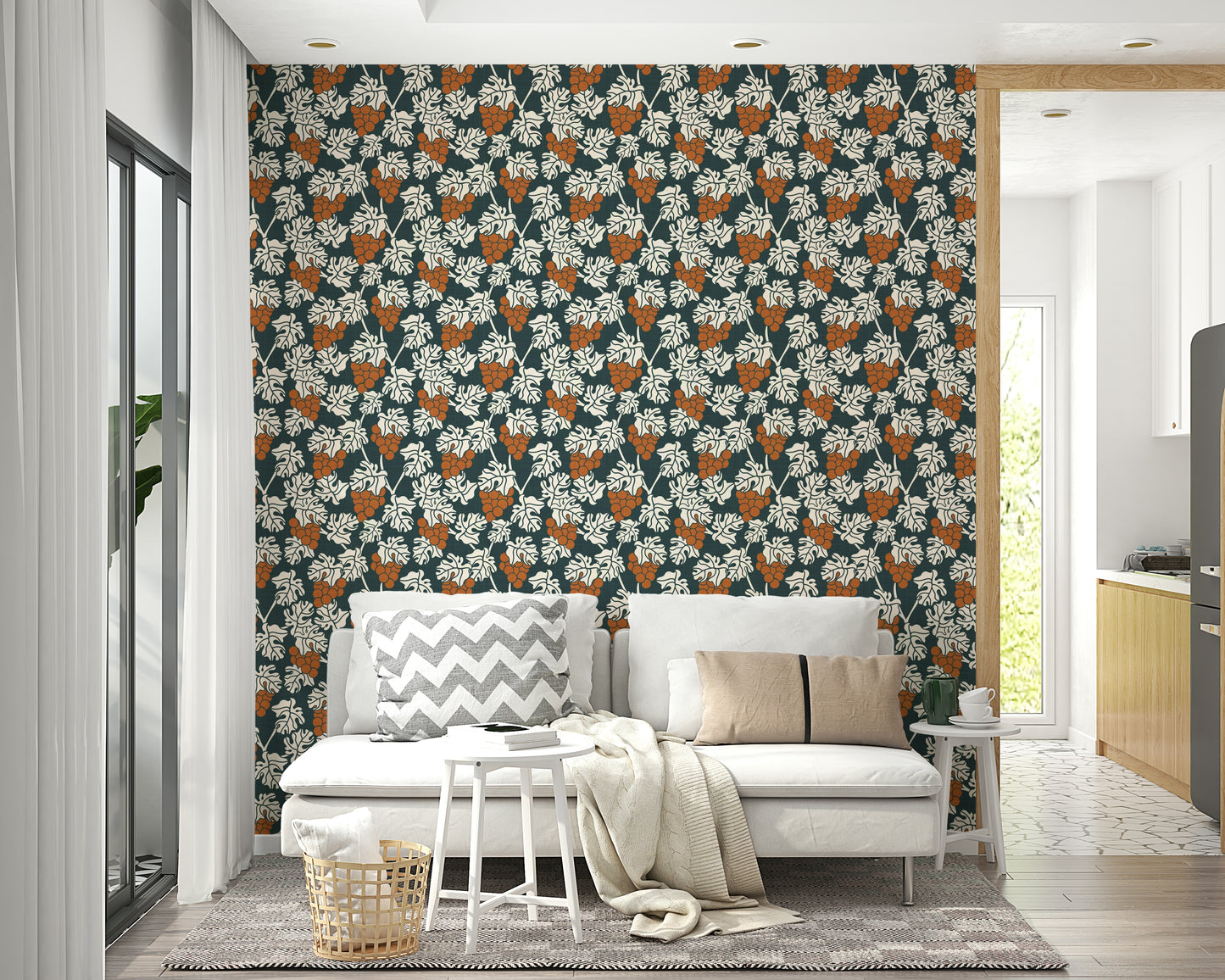 Mediterranean-inspired blue mural wallpaper for kitchens.

