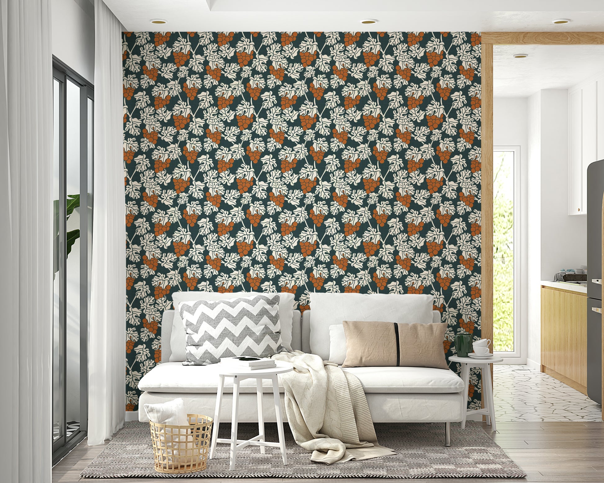 Mediterranean-inspired blue mural wallpaper for kitchens.

