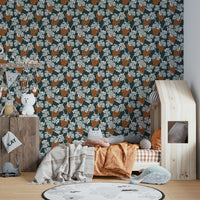 Rich blue Mediterranean wallpaper with grapevine patterns.

