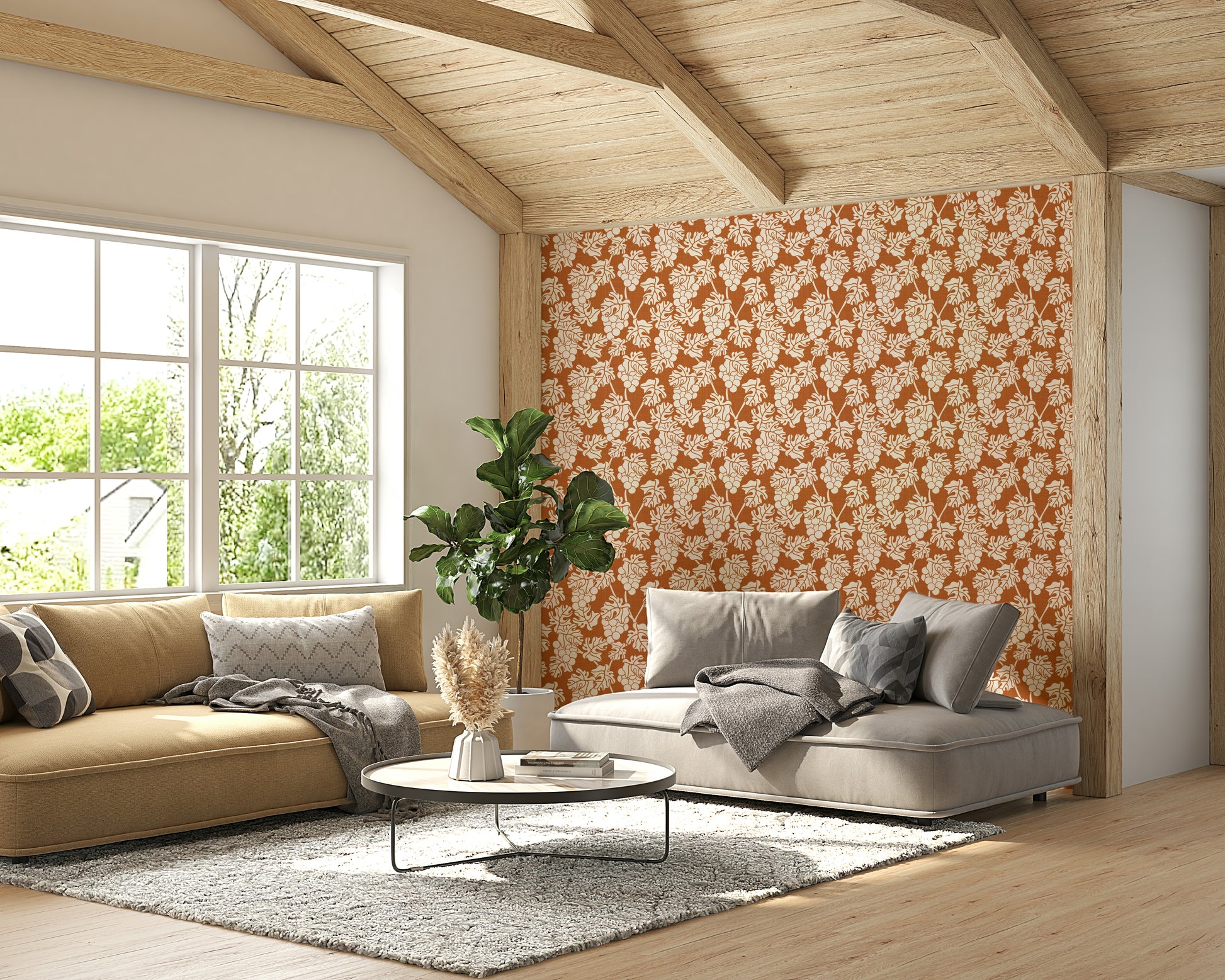 Rich terracotta wall mural inspired by Mediterranean landscapes.

