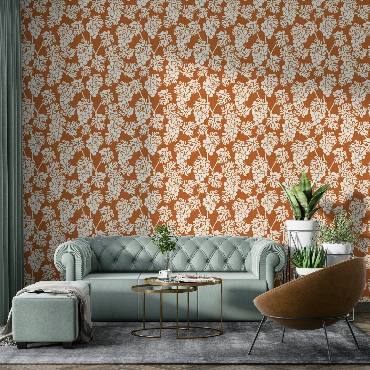 Rustic terracotta wallpaper featuring Mediterranean vineyard motifs.


