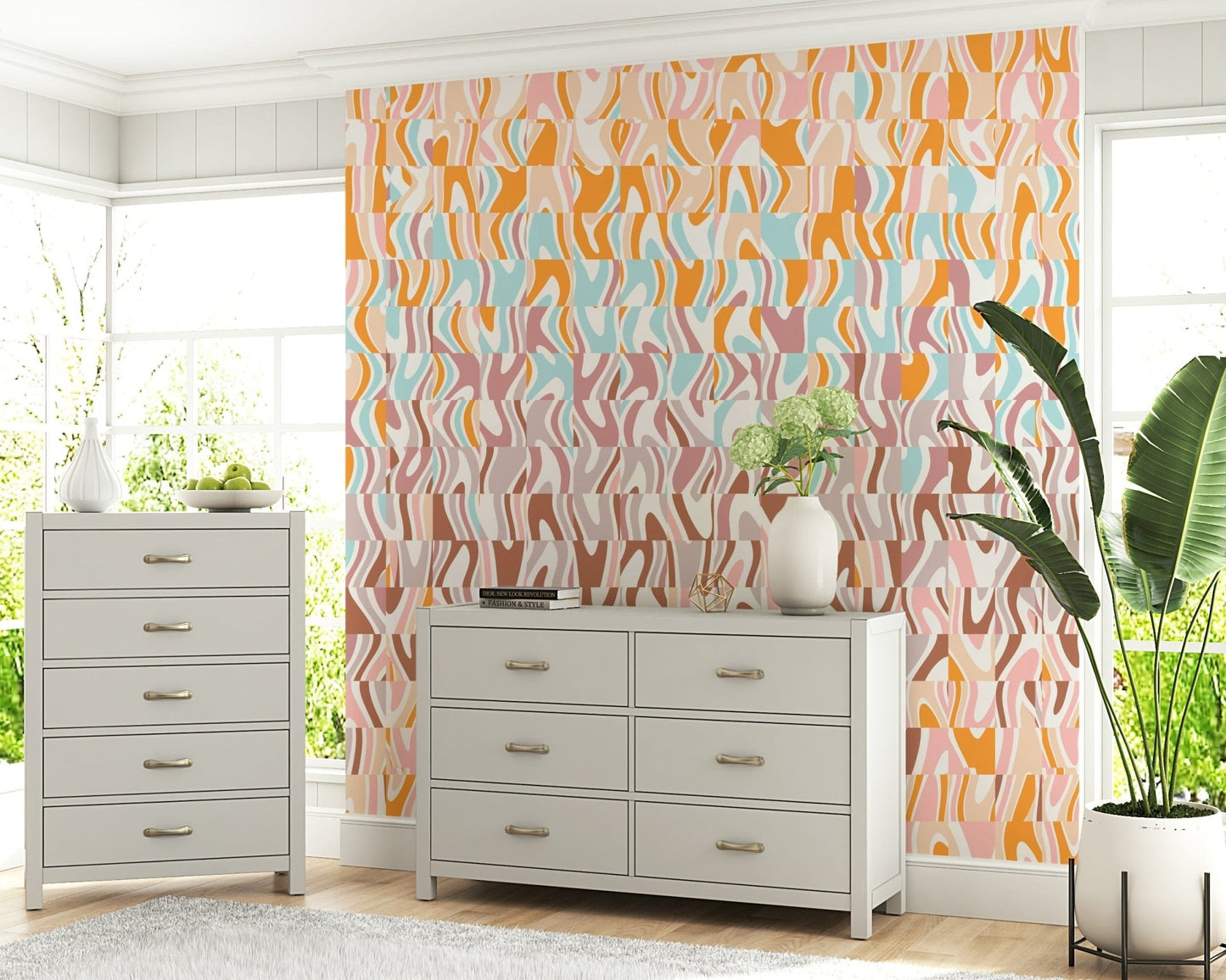 Retro mod visual effect Melting Colors print dynamic fluid shapes.