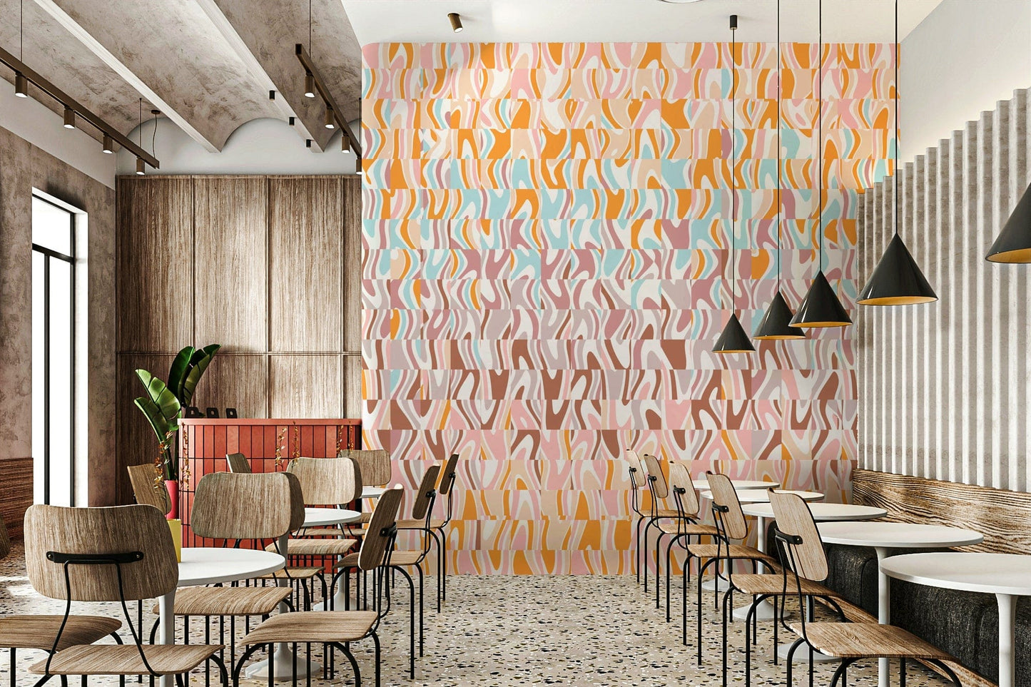 Warm peach aqua hues Melting Colors wallcovering intricate striped geometric.