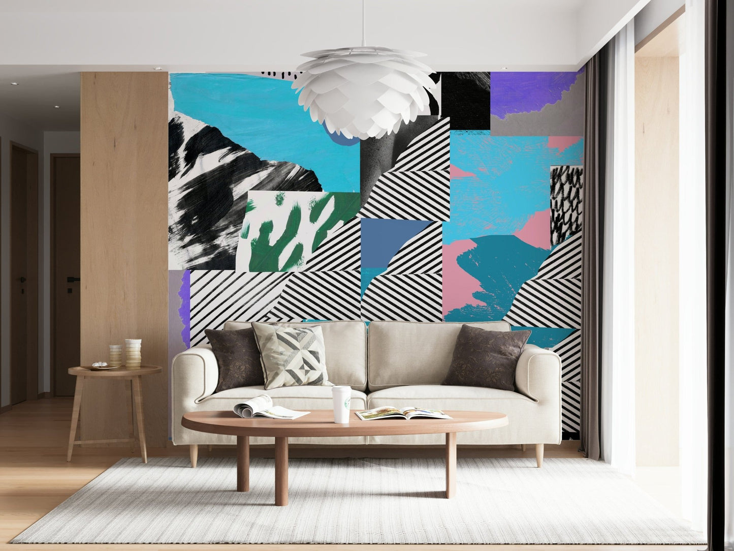 A bold party-inspired wallpaper with overlapping colorful elements and quirky graphic textures.