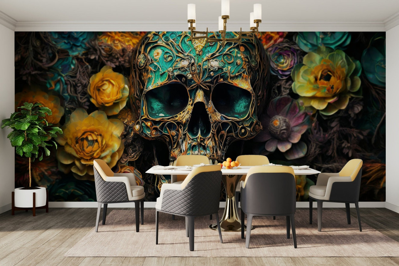 Memento Mori Blooms and Bone Wall Mural featuring skulls and flowers

