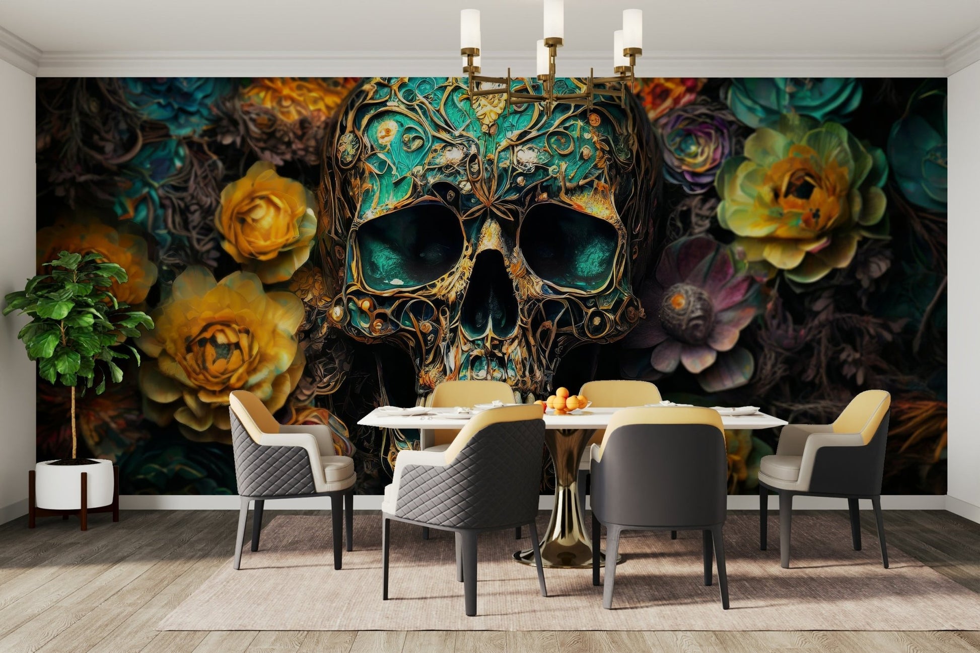 Memento Mori Blooms and Bone Wall Mural featuring skulls and flowers

