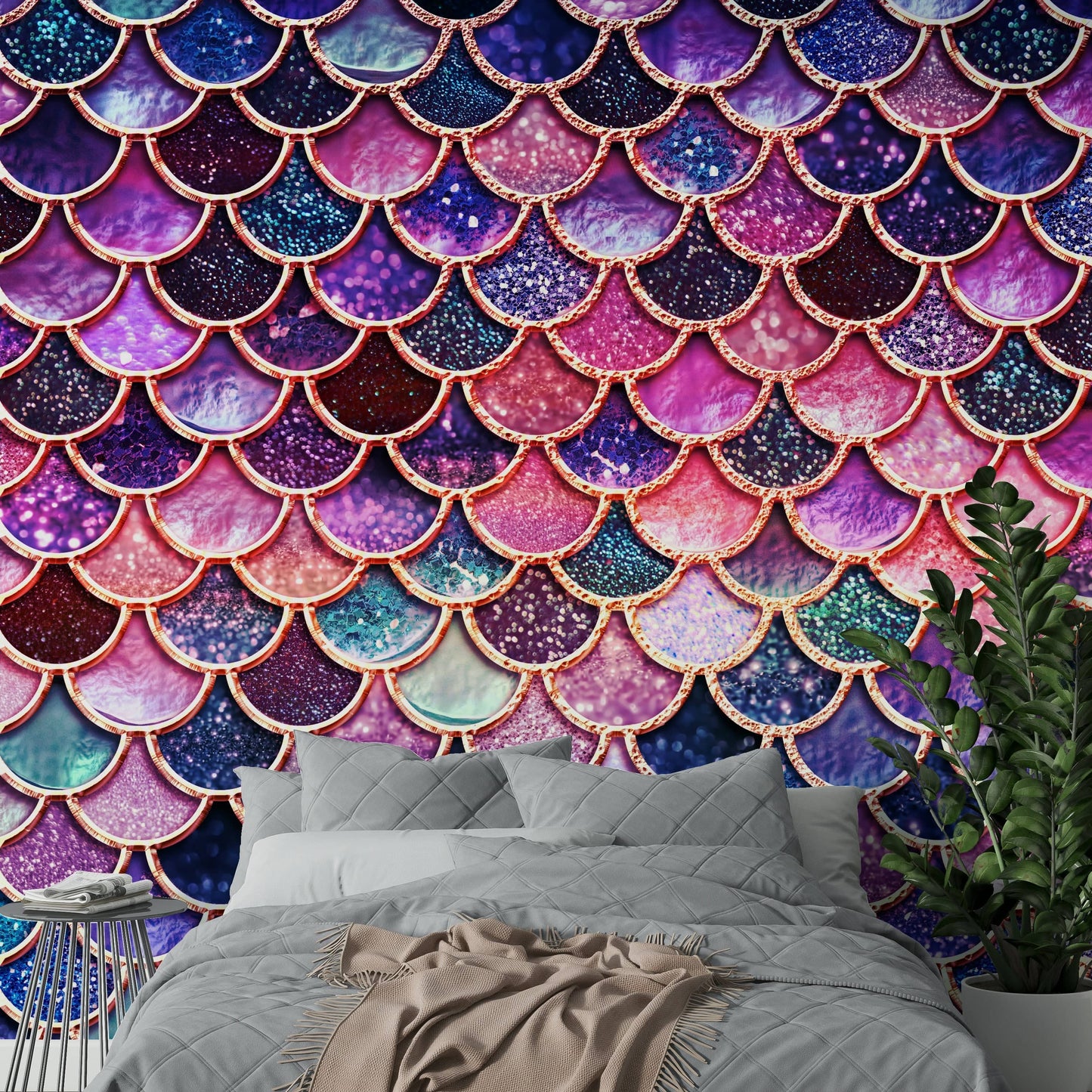 The mural shows a repeating scale pattern.

