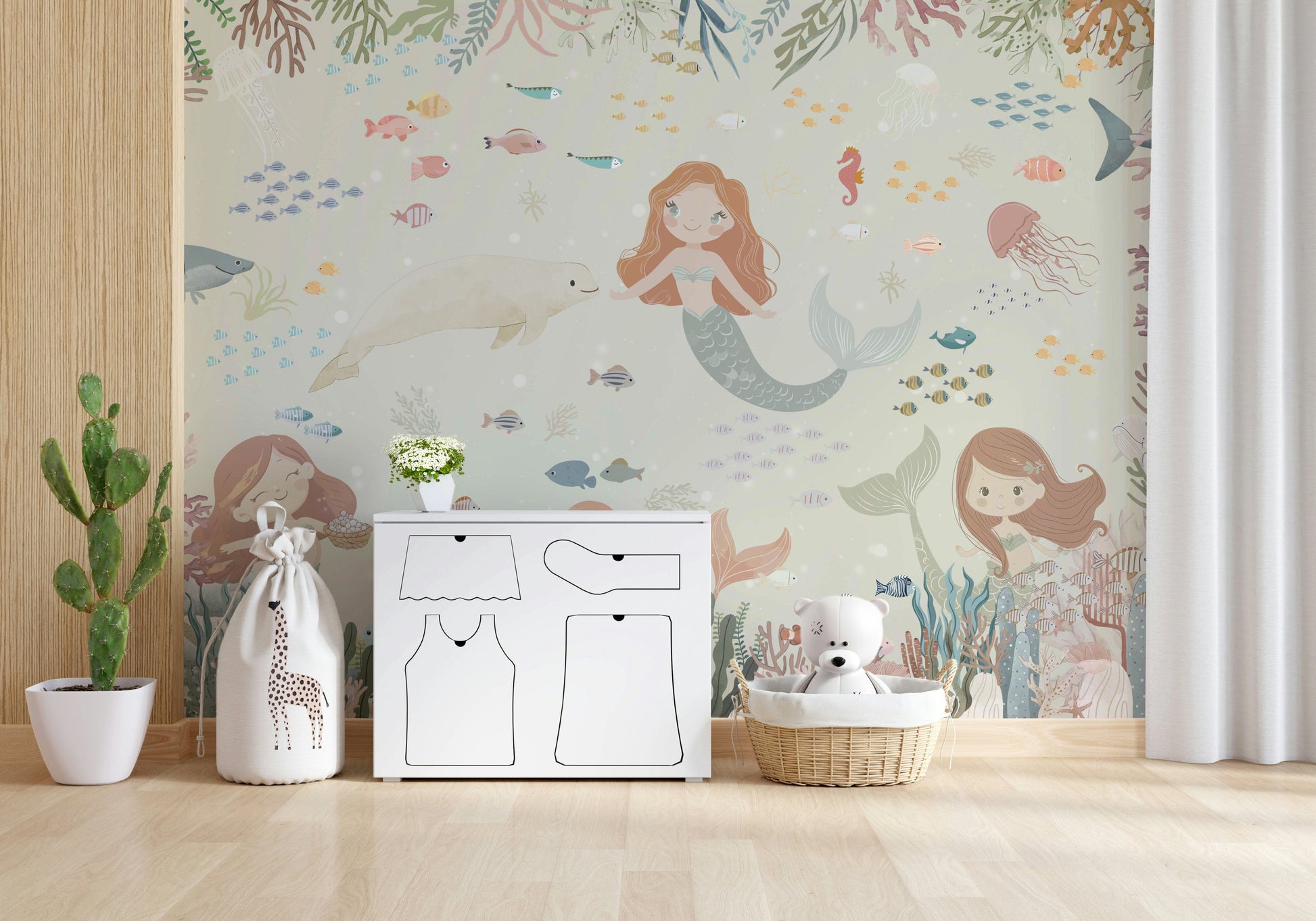 Ocean’s Lullaby mural in reading nook, soft wave design on a white wall with natural wood