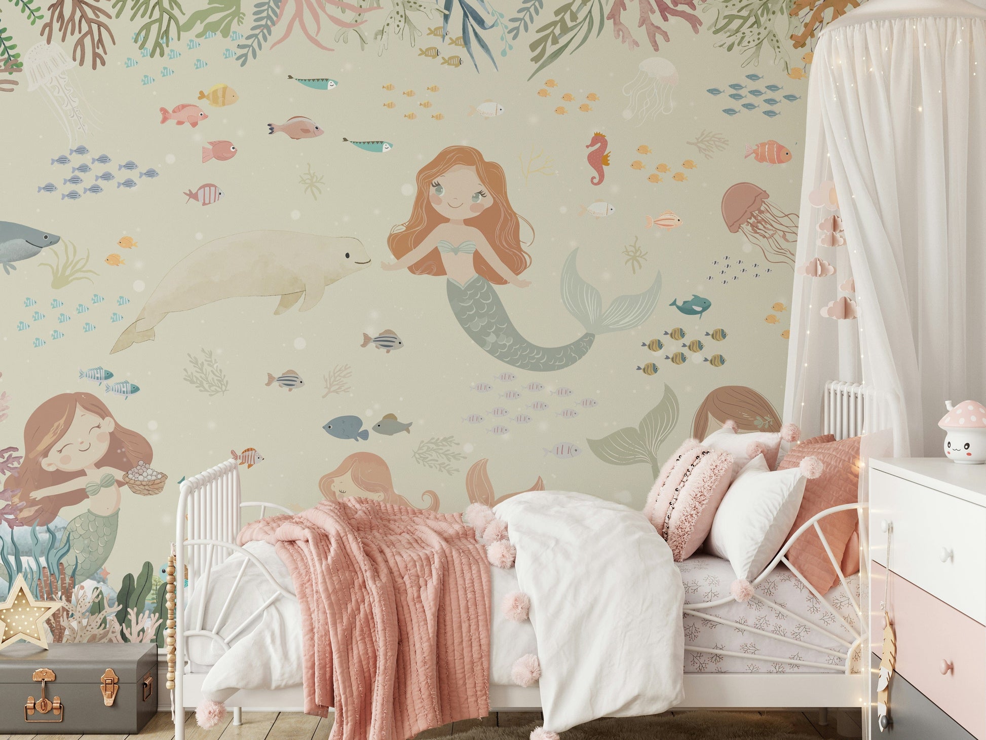 Ocean’s Lullaby Wall Mural on feature wall, calm water pattern, modern sofa and rug