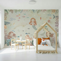 Ocean’s Lullaby wall mural in modern bedroom, soft blue waves on a white wall decor