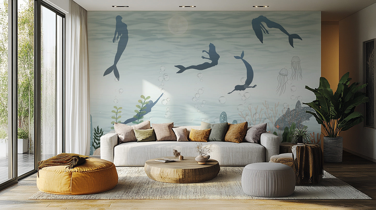 Mermaid Whispers Ocean mural with blue mermaid silhouettes and bubbles behind a grey sofa in a modern living room