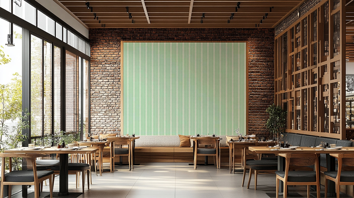 Fresh green striped wallpaper with cheerful cherries

