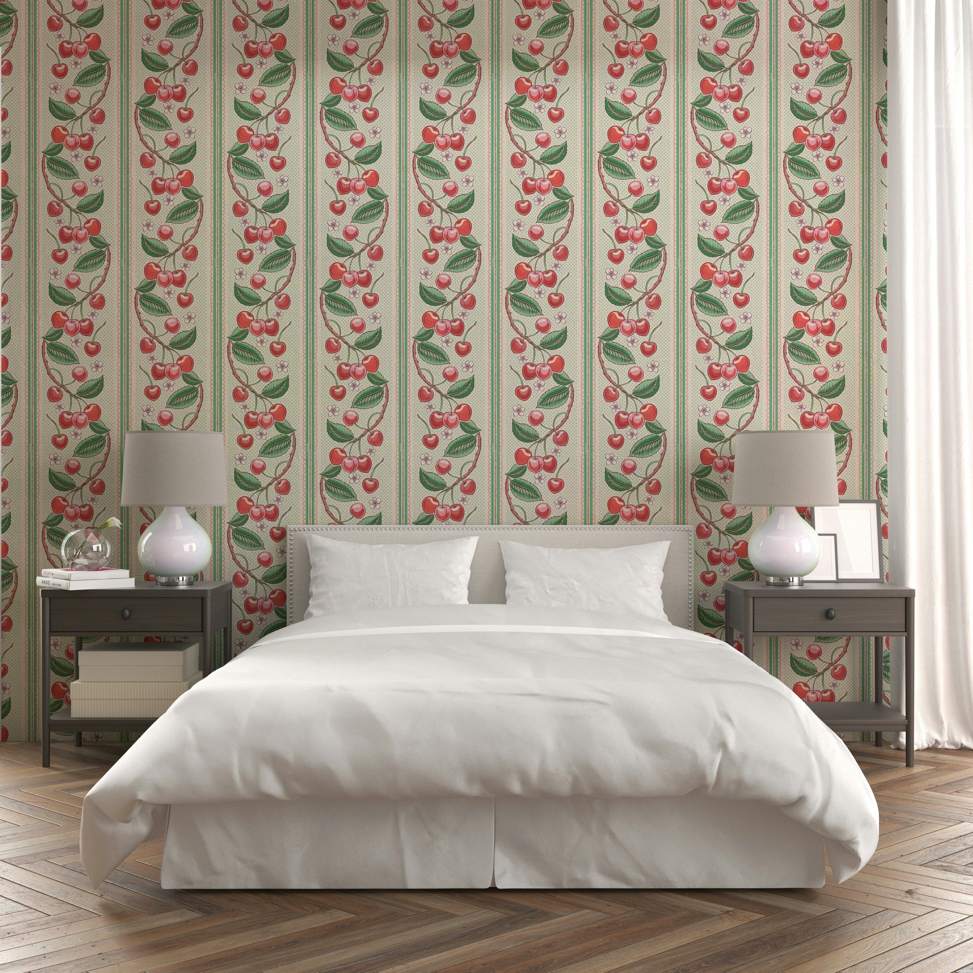 Cheerful merry cherry red and green stripe wallpaper

