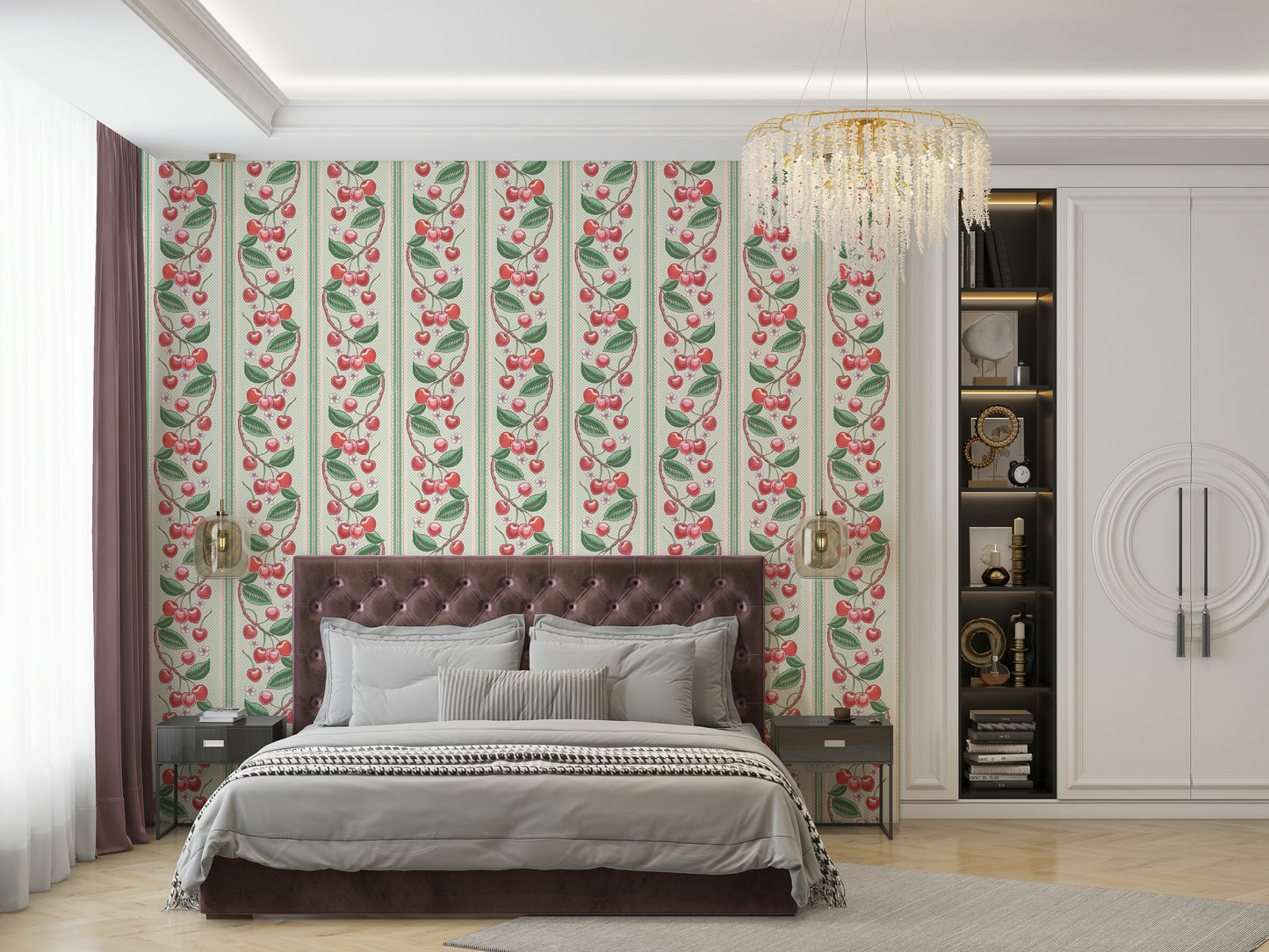 Whimsical cherry design on red and green striped wallpaper

