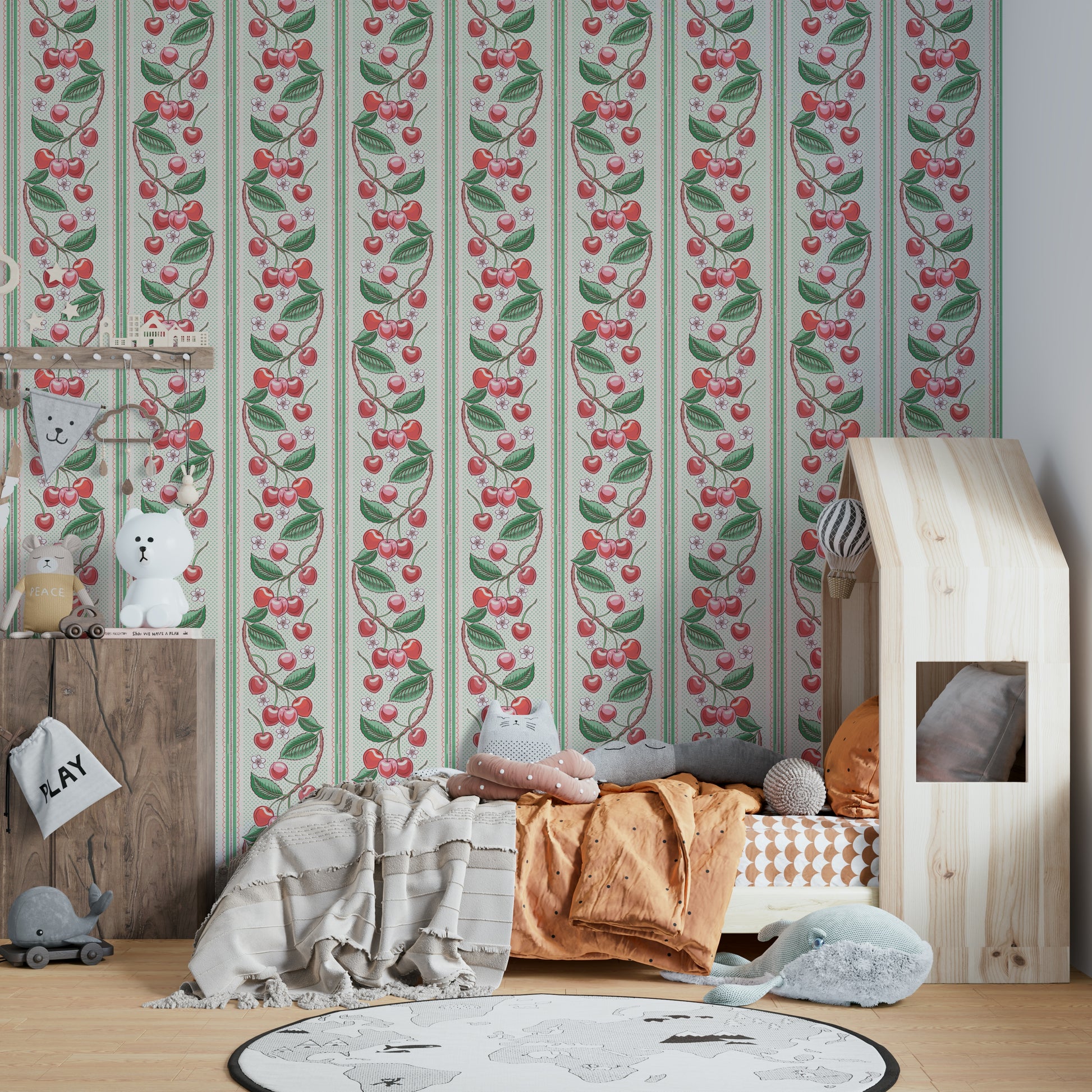 Bright and bold cherry red and green striped wallpaper

