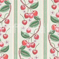 Merry Cherry Red and Green Stripe wallpaper close-up showing red cherries and green leaves on cream stripes with lace borders