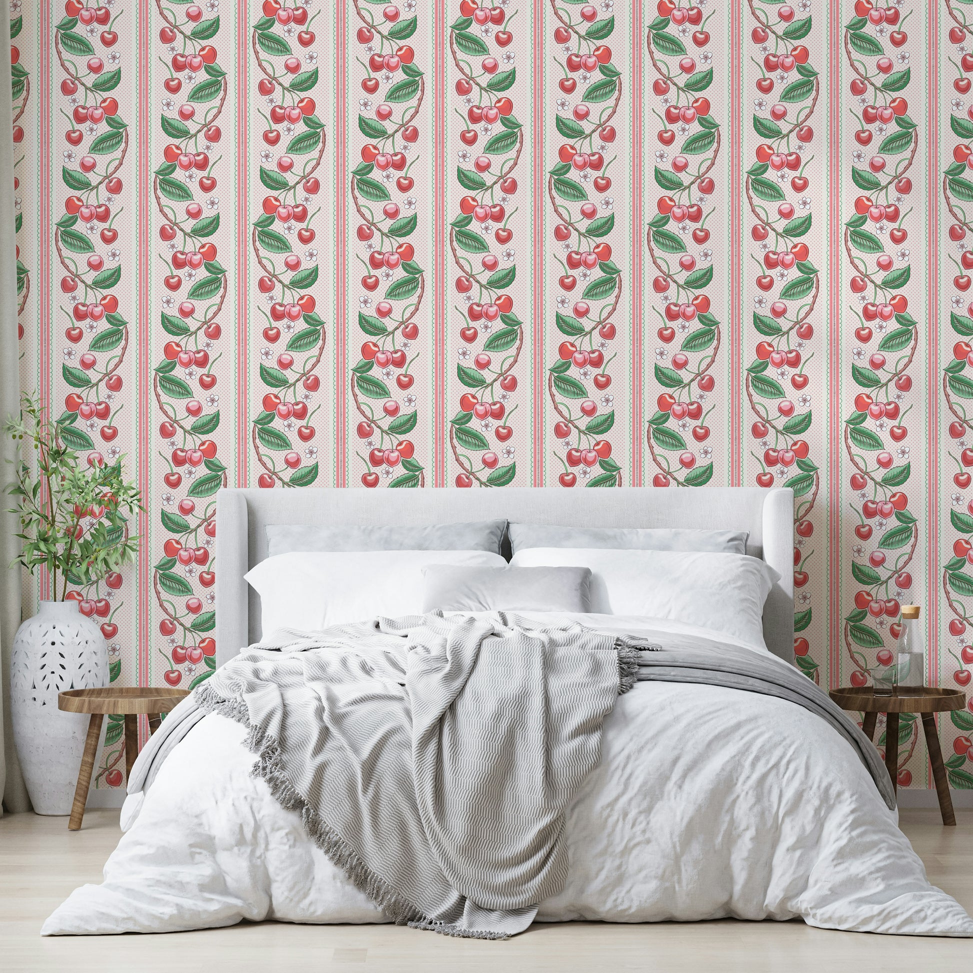 Decorative merry cherry design on stripe wallpaper

