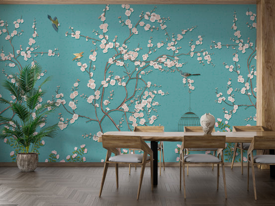 Merry Plum Blossoms wallpaper mural shown as a full feature wall that highlights the design