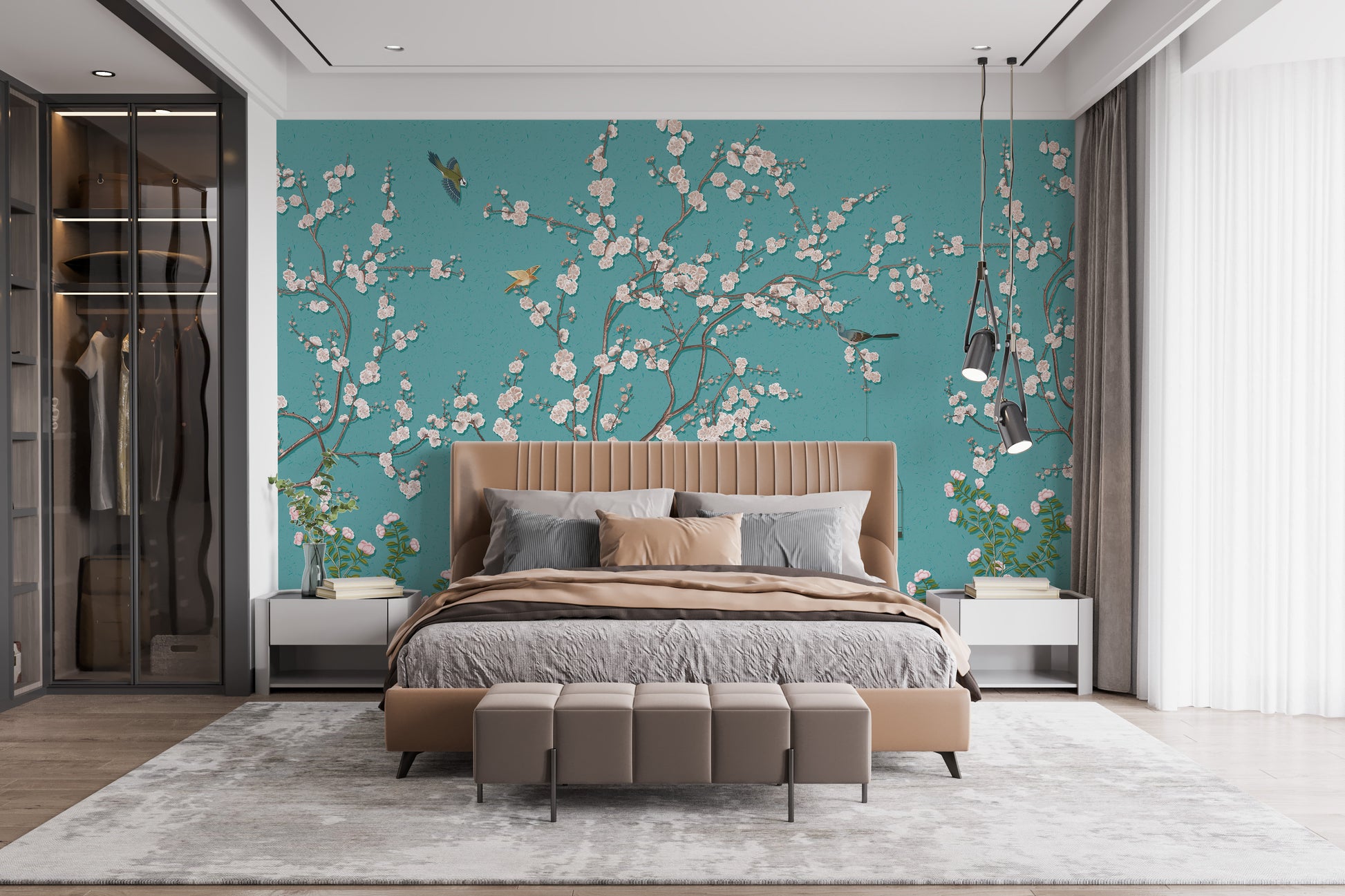 Wall mural of blossoms with teal tones
