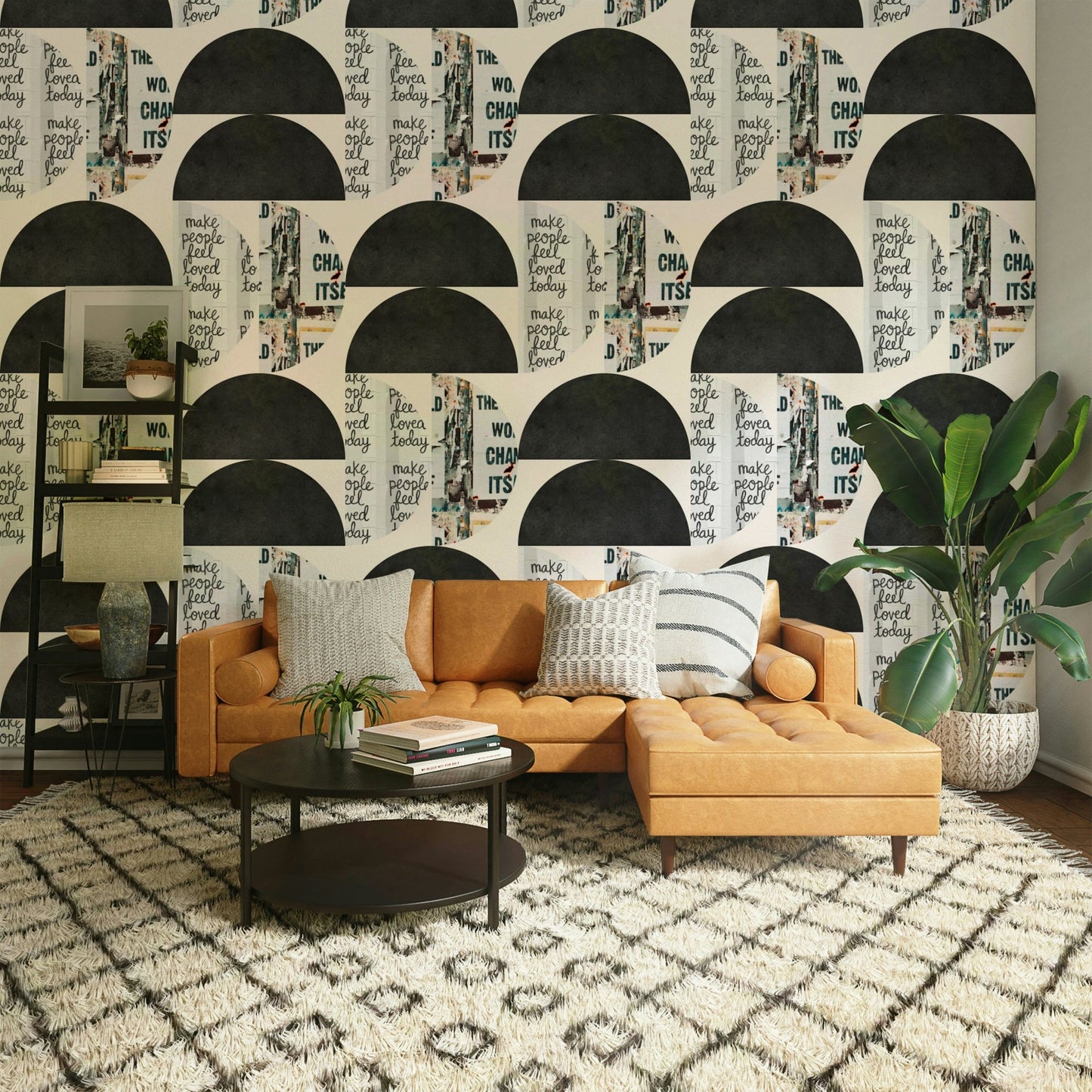 Black arcs over distressed poster fragments in wallpaper

