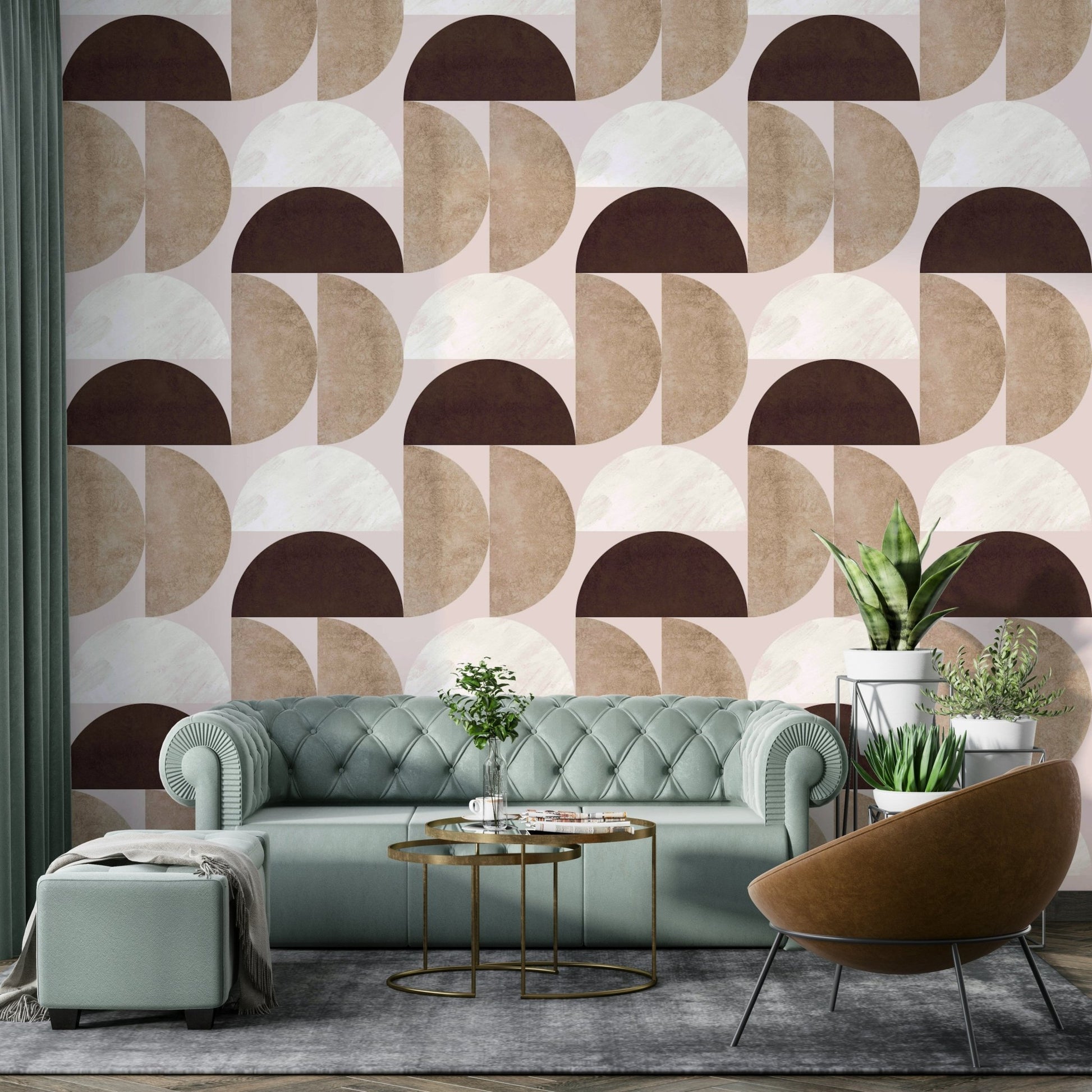 Subtle geometric wall mural in living room

