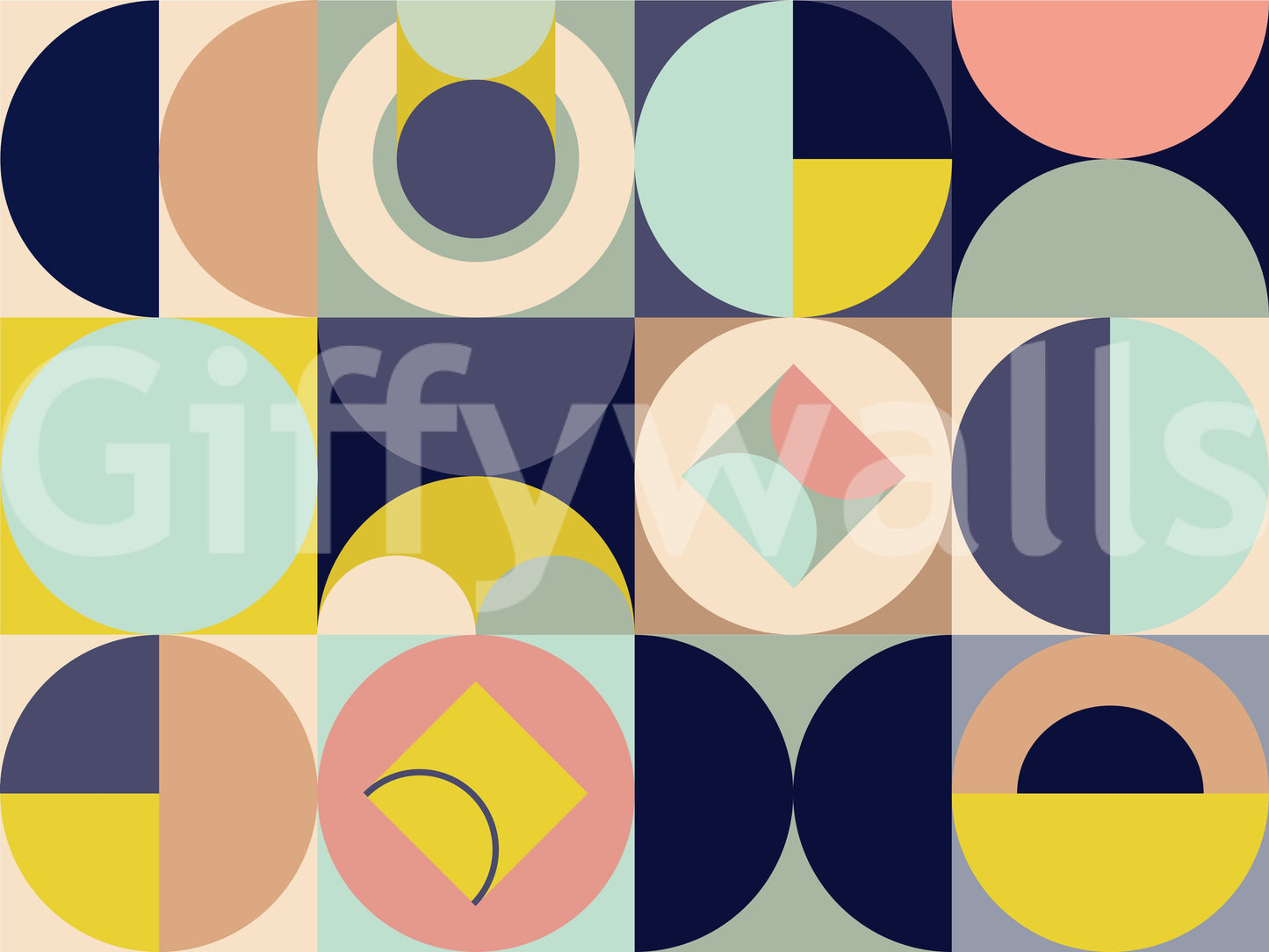 Mescolanza Alt V3 wallpaper mural shown as a full-wall mural of navy, mustard and pink mid-century circles and diamonds