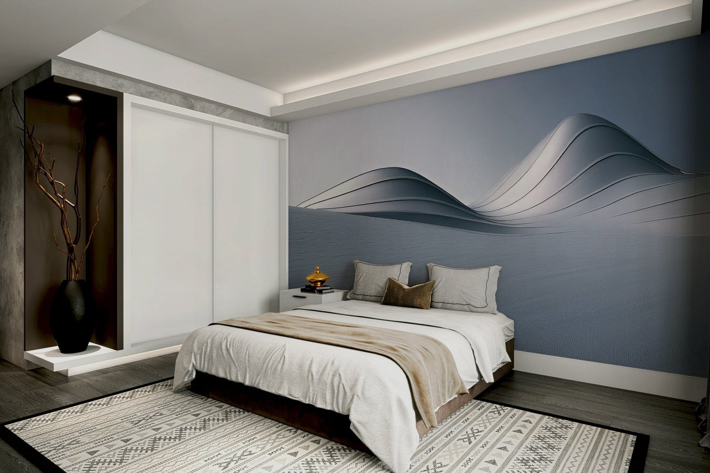 Flowing dune shapes in metal-inspired wall design

