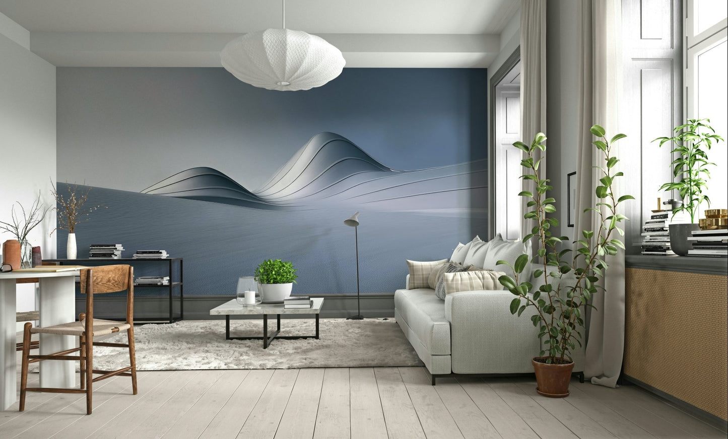 Modern living room styled with Metal Dunes mural

