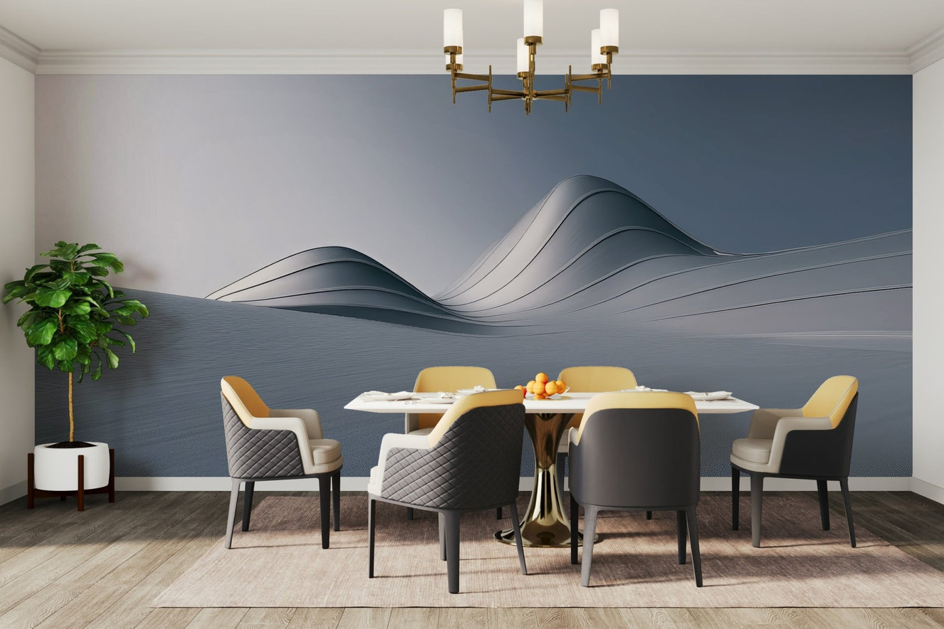 Abstract landscape mural in gold and grey hues

