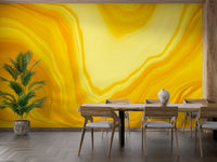 Metallic yellow Color flow wallpaper mural styled along a hallway feature wall near a console in yellow tones