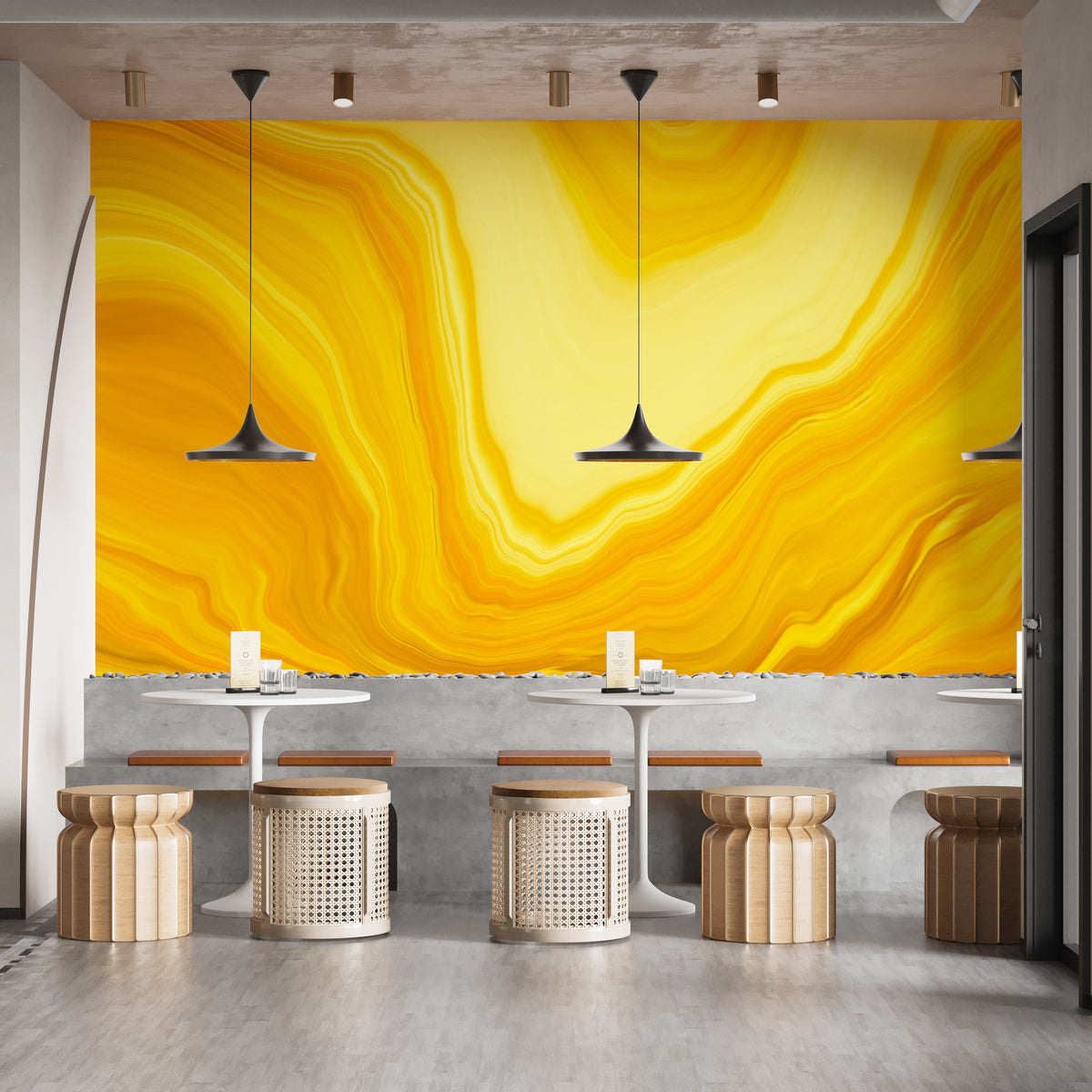 Metallic yellow Color flow wallpaper mural as a feature wall in a home office workspace in yellow tones