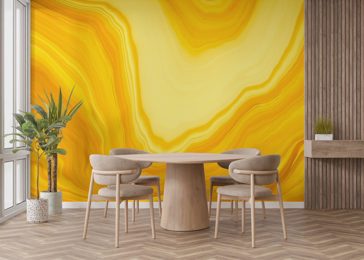 Metallic yellow Color flow wallpaper mural as a bedroom feature wall behind the headboard in yellow tones