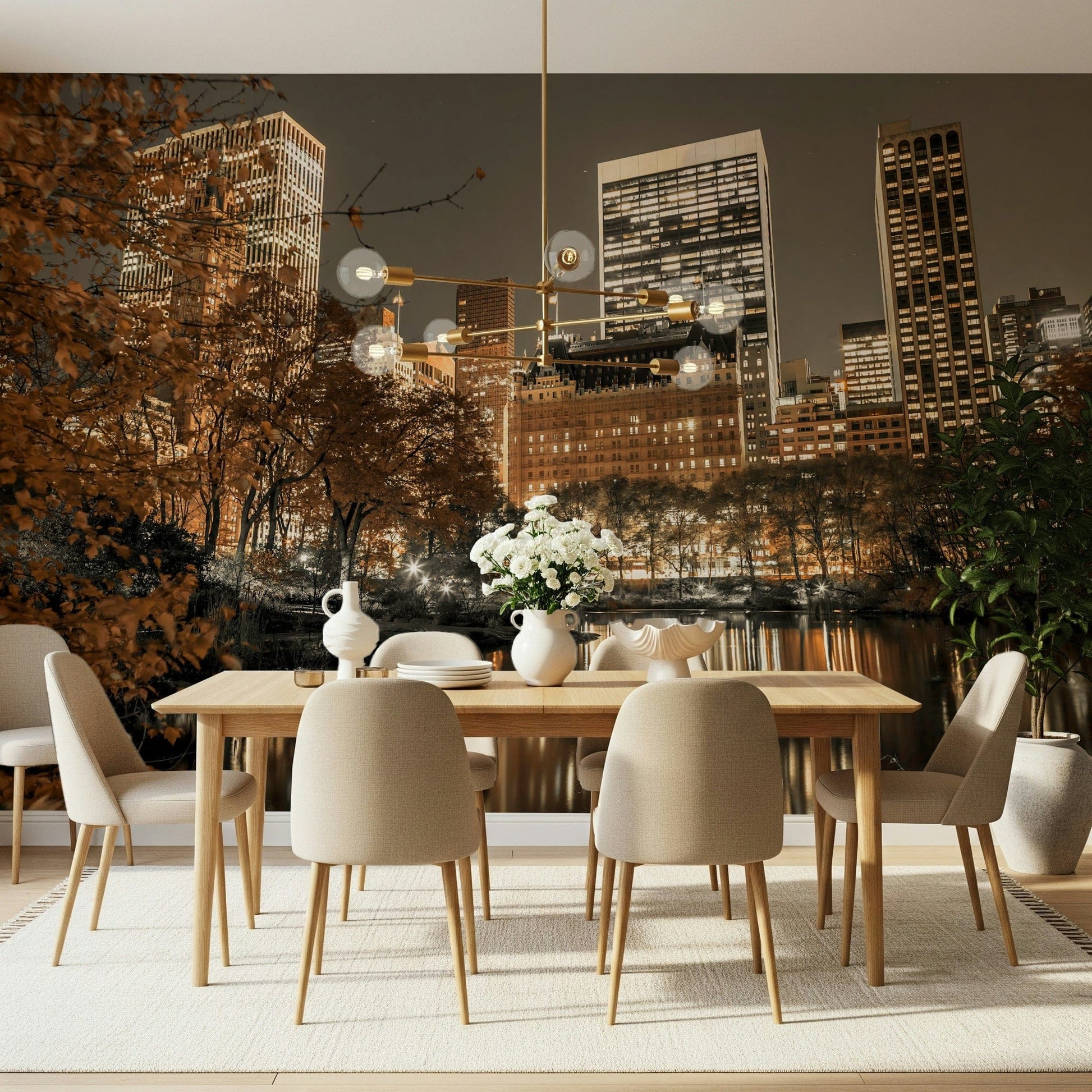 Metropolis at Dusk mural autumnal trees sparkling urbanity.
