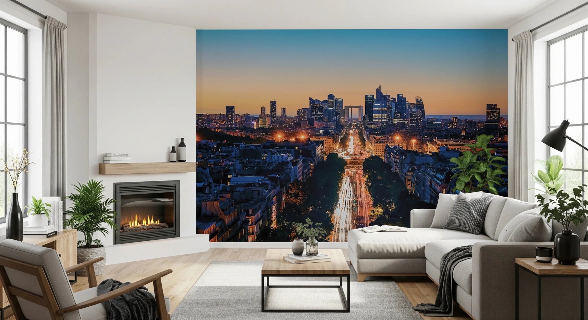 Metropolis Dusk wallpaper mural of glowing skyscrapers at dusk beside a fireplace and cream sofa in a living room