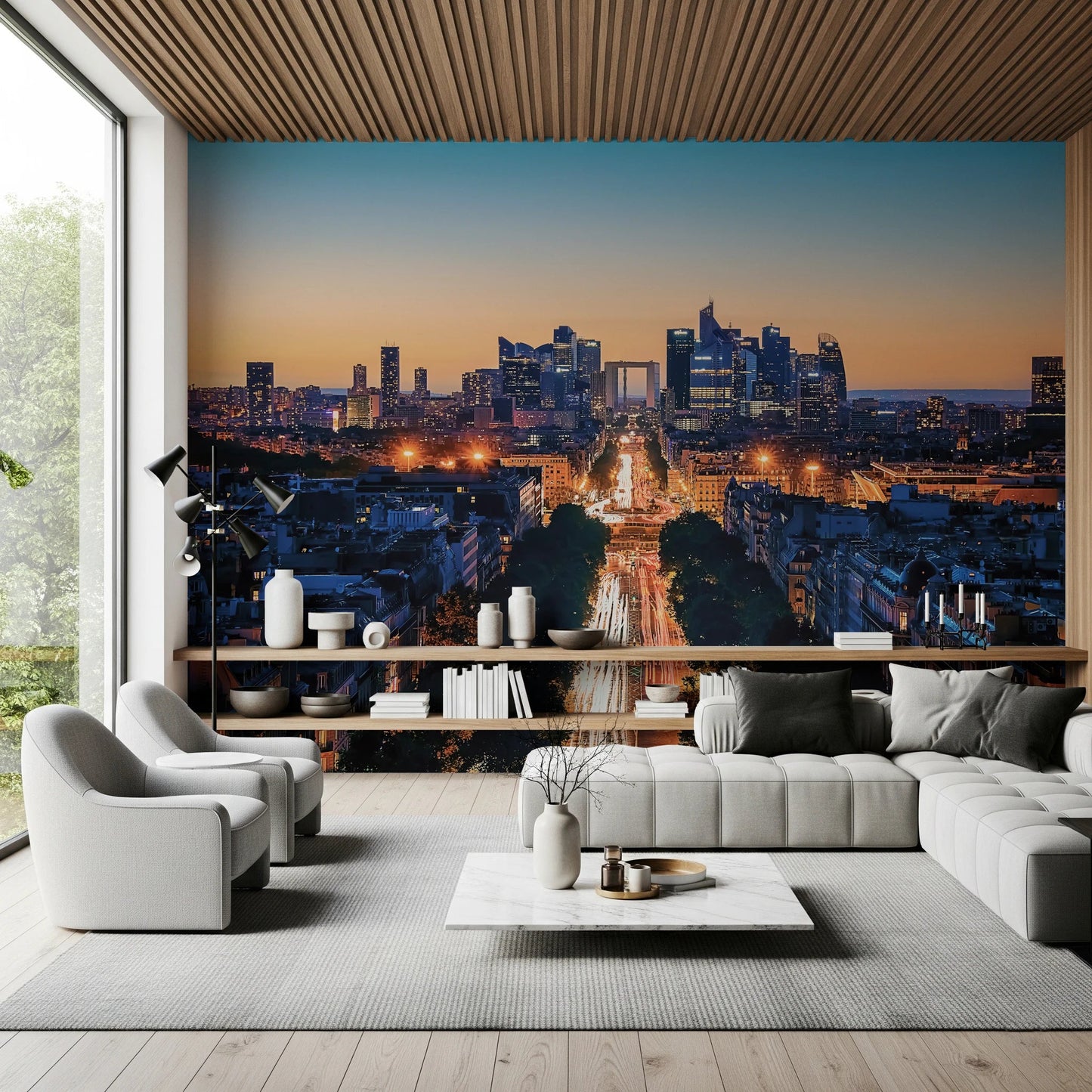 Metropolis Dusk wallpaper mural of a dusk city skyline behind a grey sofa under a wood-slat ceiling in a living room