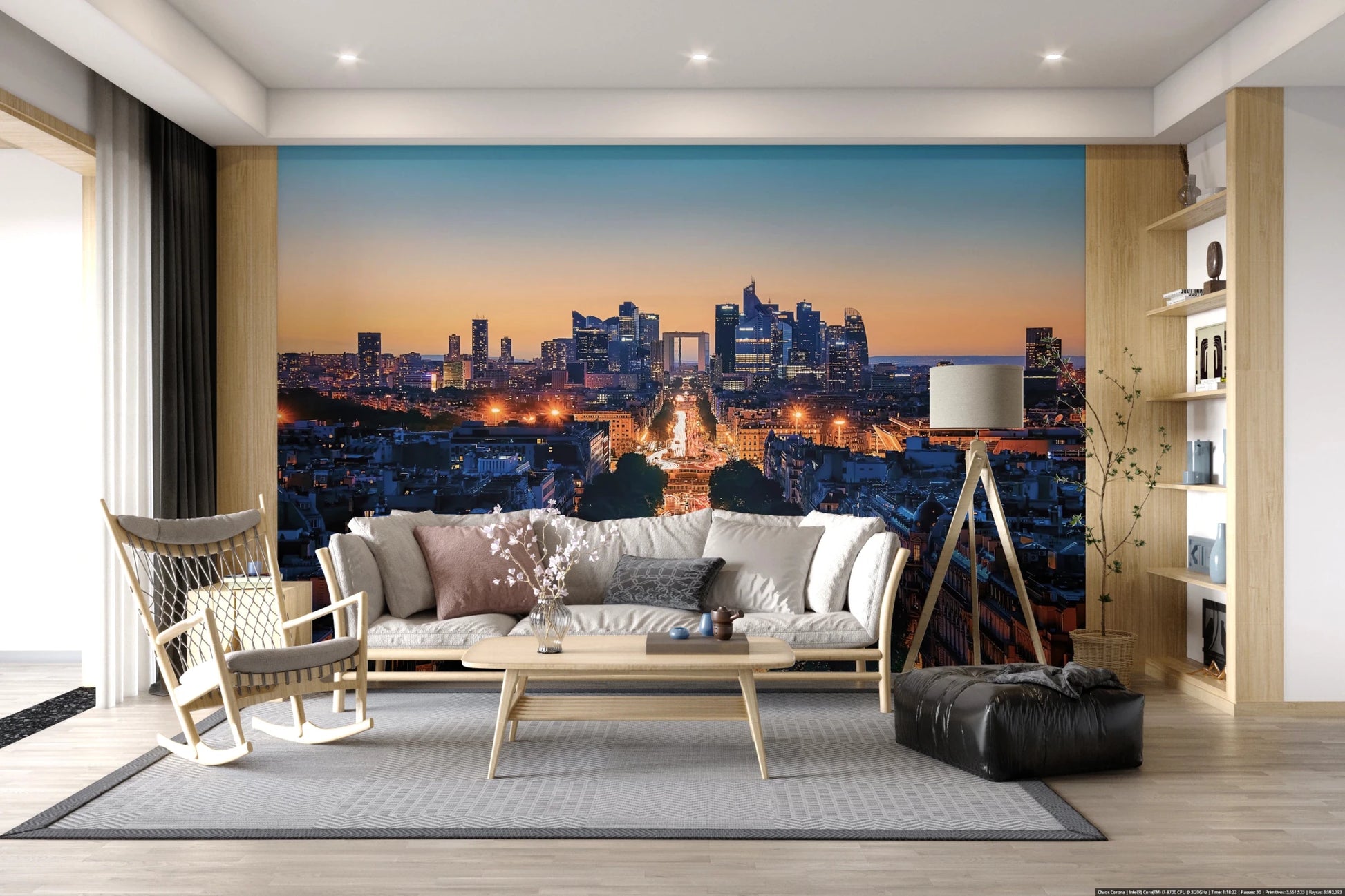 Metropolis Dusk wallpaper mural of a dusk skyline behind a beige sofa and wood rocking chair in a living room