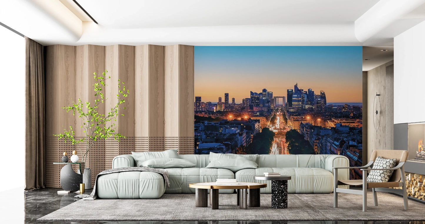 Metropolis Dusk wallpaper mural of the La Defense skyline behind a mint green sofa and wood-slat living room wall