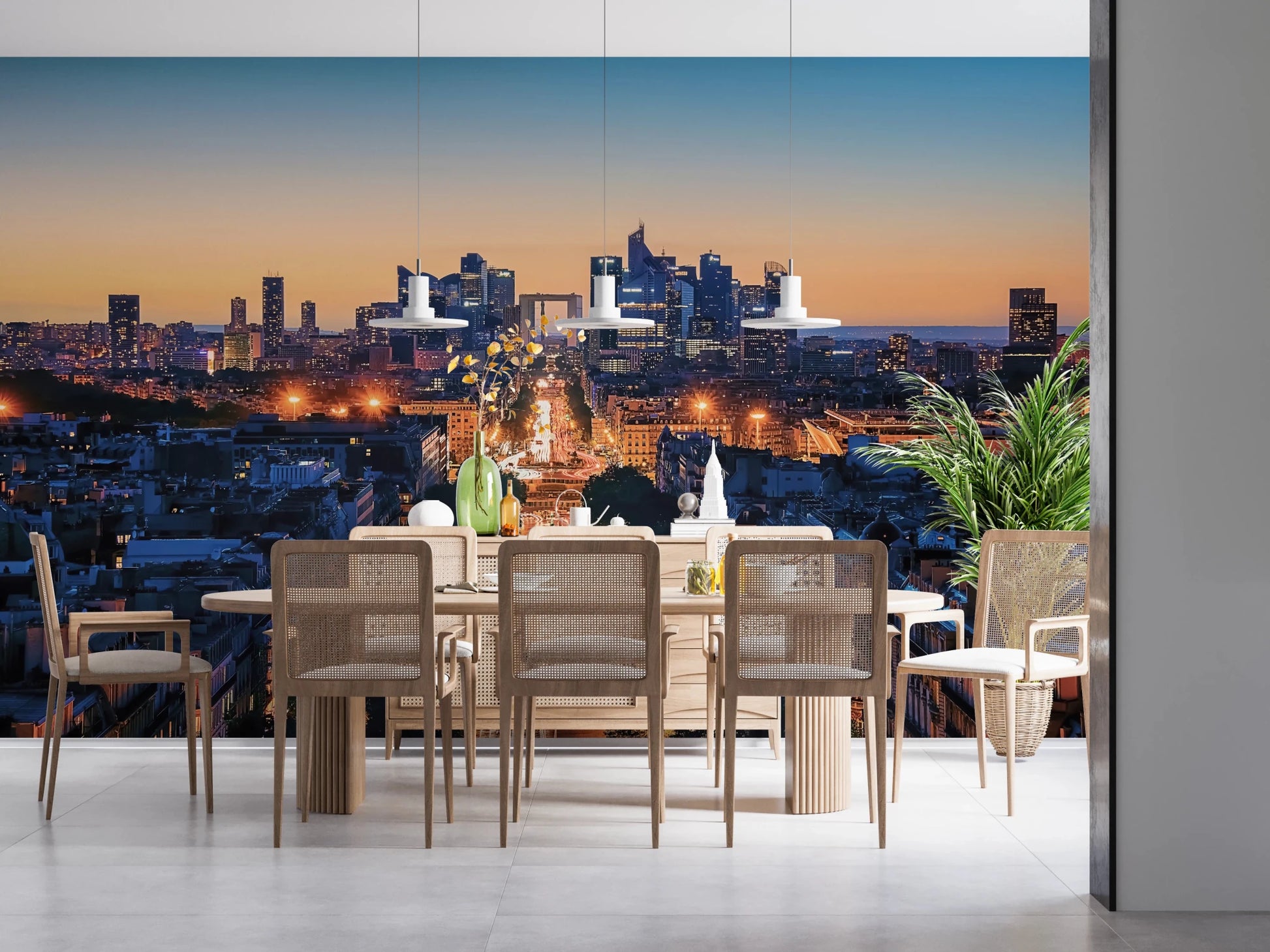 Metropolis Dusk wallpaper mural showing a twilight skyline behind a wood cane dining table and chairs